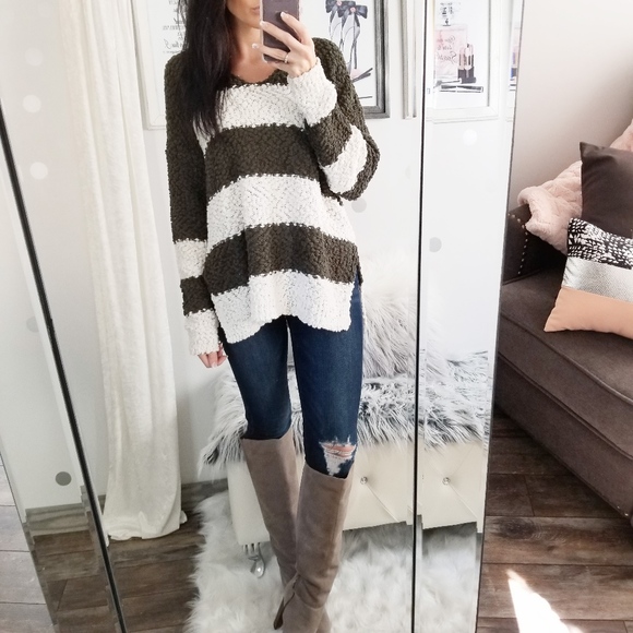 🎈Popcorn Sweater Olive Stripe Slouchy Pullover - Picture 5 of 5